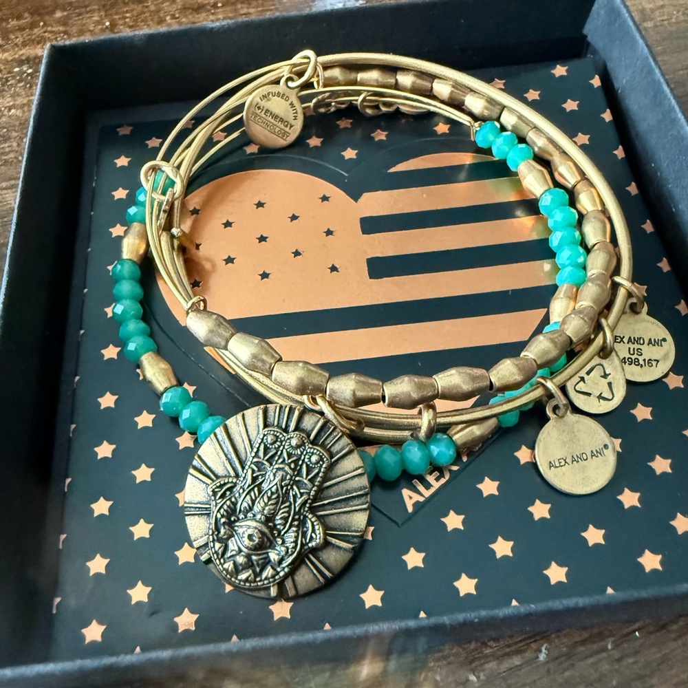 Alex and Ani Gold and Turquoise Hand of Fatima Charm Bracelets